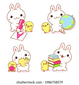 Back to school. Set of kawaii bunny and duckling. Cute little duck and rabbit friends with a globe, books, write a letter, eat apples. Vector illustration EPS8 