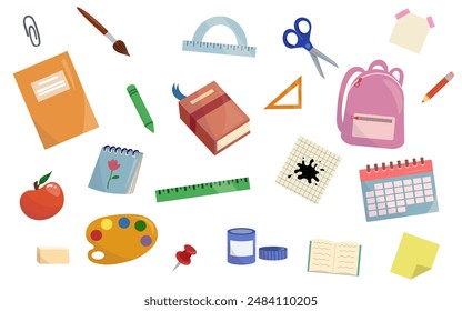 Back to school set. Kids stationery, school supply. Book, backpack, pencil, paint, notebook, brush. Hand-drawn vector illustration