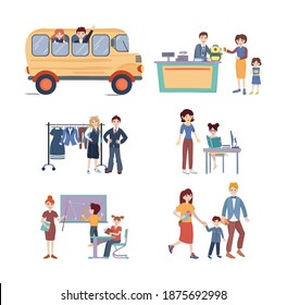 Back to School set. School kids with teacher in classroom, kids are preparing homework, parents are leading children, buy school bag in store, kids riding school bus vector