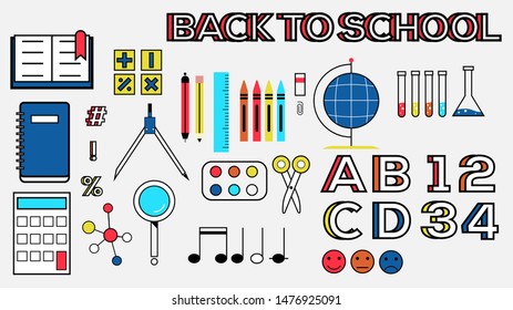 Back to school. Set of learning attributes pattern background. Book, pencils, scissors, magnifier, test tube, numbers, ruler, globe, alphabet, notebook, pen, calculator. Flat vector illustration