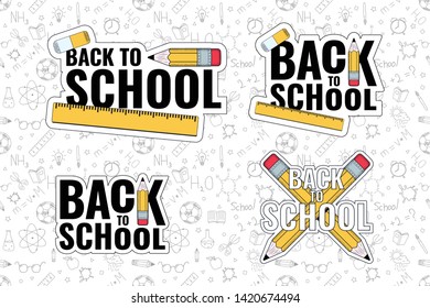 Back to school. Set of Back to school logos on doodles background. Vector illustration