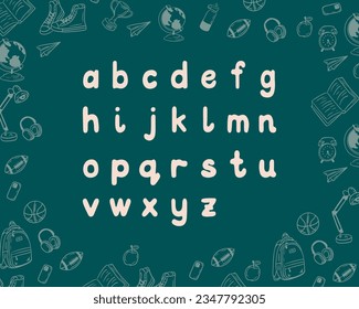 Back to school set of lowcases letters on green board. Education modern typeface. Stylized white isolated characters on chalkboard. Funky typeset in flat style. Suitable for school lettering design