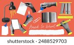 Back to school set. Modern collage with halftone hands holding school supplies. Writing hand. Trendy newspaper elements. Hands holding scissors, tablet, eraser. Halftone lamp, book. Knowledge concept