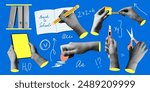 Back to school set. Modern collage with halftone hands holding school supplies. Writing hand. Trendy newspaper elements. Hands holding scissors, stationery knife, pencil sharpener, tablet, eraser