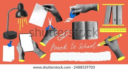 Back to school set. Modern collage with halftone hands holding school supplies. Writing hand. Trendy newspaper elements. Hands holding scissors, tablet, eraser. Halftone lamp, book. Knowledge concept