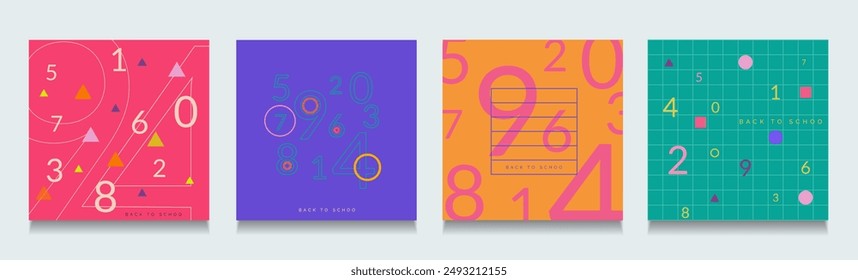 Back to School. Set of Modern Number Backgrounds for Advertising,  Social Media, Posters, Banner, Magazines, Copybooks, Covers. 3D Pattern in Pink, Blue, Orange, Turquoise Colors. Vector Illustration.