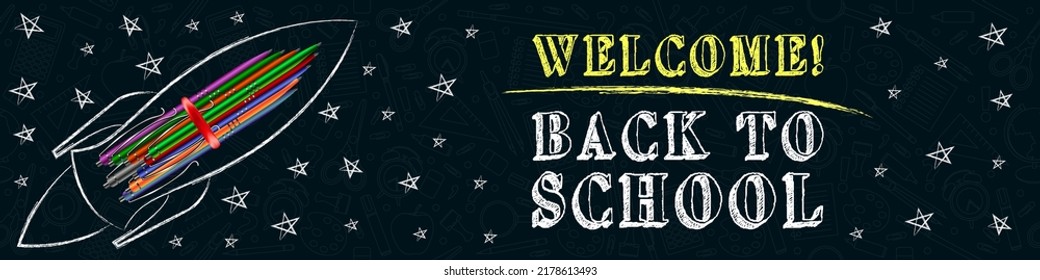 Back to school. A set of multi-colored pens gathered together. Outline drawn in chalk in the shape of a rocket. Website banner. Return to learning