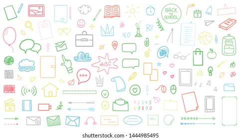 Back to school. Set of multicolored school supplies on isolated background. Big collection of different signs on white. Hand drawn elements. Abstract education illustration