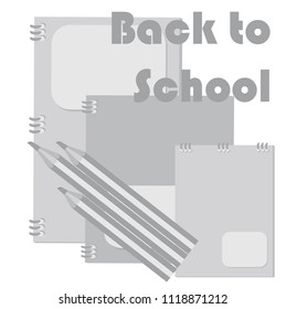Back to school - set of notebooks with text, gray. Isolated, white background, school supplies, objects, tools