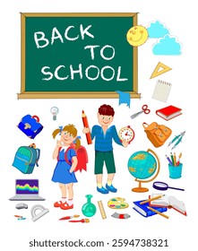 Back to school. Set of school objects with happy children. Isolated educational elements. Drawing of education supplies. Flat hand drawn vector Illustration.