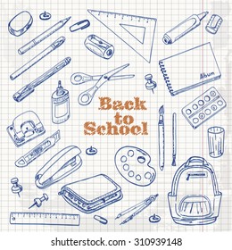 Back to school - set of objects in sketch style on a paper. Vector illustration for your design