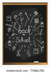 Back to school set on blackboard background. big set of hand drawn doodle back to school with lettering. Vector illustration.