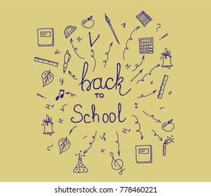Back to school set on color background. big set of hand drawn doodle back to school with lettering. Vector illustration.