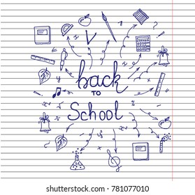 Back to school set on copybook background. big set of hand drawn doodle back to school with lettering. Vector illustration.