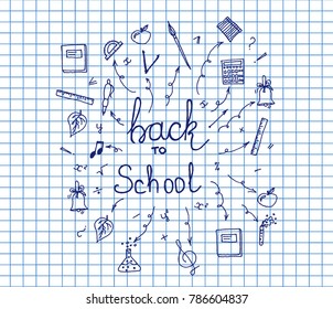 Back to school set on copybook background. big set of hand drawn doodle back to school with lettering. Vector illustration.