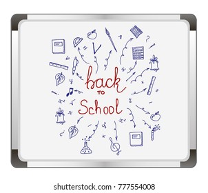 Back to school set on flip chart background. big set of hand drawn doodle back to school with lettering. Vector illustration.