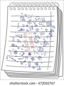 Back to School Set on notebook background. Freehand drawing school items .  Vector illustration. 