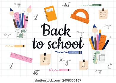 Back to school set on white isolated background. Vector school items helping in learning - pencils, notebooks, ruler, pastel in children's cartoon style. For school sales, office and school work.