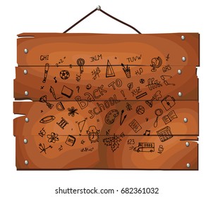 Back to School Set on wooden plank background. Freehand drawing school items .  Vector illustration. 