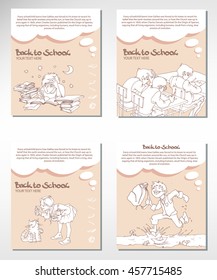 Back to School. Set pages with sketches from life of pupils. Doodles concept of notebooks and school supplies. Isolated vector illustration.Template for layers, congratulation or Invitation Card .