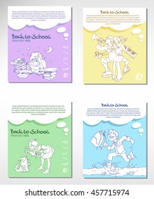 Back to School. Set pages with sketches from life of pupils. Doodles concept of notebooks and school supplies. Isolated vector illustration.Template for layers, congratulation or Invitation Card .