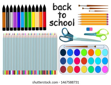 Back to school. A set of pencils, felt-tip pens, paints, brushes and a scissor for school time and learning.