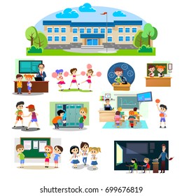 Back to school set of pictographs, childrens life newspaper and library, boys basketball girls cheerleader team, teacher with pupils at class, professor lecture college, building vector illustration