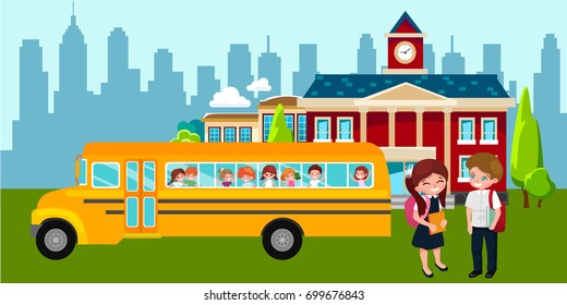 Back to school set of pictographs, childrens life newspaper and library, boys basketball girls cheerleader team, teacher with pupils at class, professor lecture college, building vector illustration