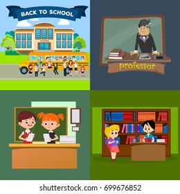 Back to school set of pictographs, childrens life newspaper and library, boys basketball girls cheerleader team, teacher with pupils at class, professor lecture college, building vector illustration