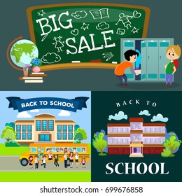 Back to school set of pictographs, childrens life newspaper and library, boys basketball girls cheerleader team, teacher with pupils at class, professor lecture college, building vector illustration