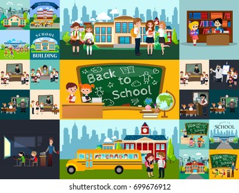 Back to school set of pictographs, childrens life newspaper and library, boys basketball girls cheerleader team, teacher with pupils at class, professor lecture college, building vector illustration