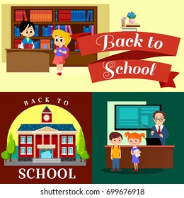 Back to school set of pictographs, childrens life newspaper and library, boys basketball girls cheerleader team, teacher with pupils at class, professor lecture college, building vector illustration