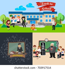 Back to school set of pictographs, childrens life newspaper and library, boys basketball girls cheerleader team, teacher with pupils at class, professor lecture college, building vector illustration