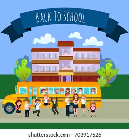 Back to school set of pictographs, childrens life newspaper and library, boys basketball girls cheerleader team, teacher with pupils at class, professor lecture college, building vector illustration