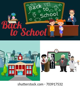 Back to school set of pictographs, childrens life newspaper and library, boys basketball girls cheerleader team, teacher with pupils at class, professor lecture college, building vector illustration