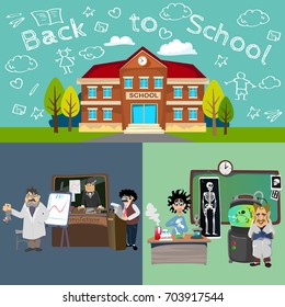 Back to school set of pictographs, childrens life newspaper and library, boys basketball girls cheerleader team, teacher with pupils at class, professor lecture college, building vector illustration
