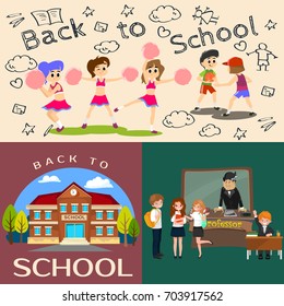 Back to school set of pictographs, childrens life newspaper and library, boys basketball girls cheerleader team, teacher with pupils at class, professor lecture college, building vector illustration