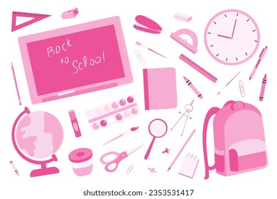 Back to school set with pink supplies. Vector flat illustrations