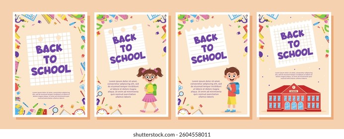 Back to school set of posters, flyers with schoolchildren and supplies.