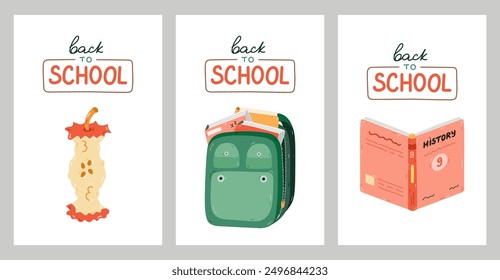 Back To School set of posters with hand drawn lettering and cartoon childish clipart of school supplies. Cute hand drawn schoolbag, apple core, open textbook for design, postcard, media, banner.