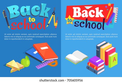 Back to school set of posters. Isolated vector illustration of stack of coursebooks, colourful notebooks, lunch meal and various stationery items