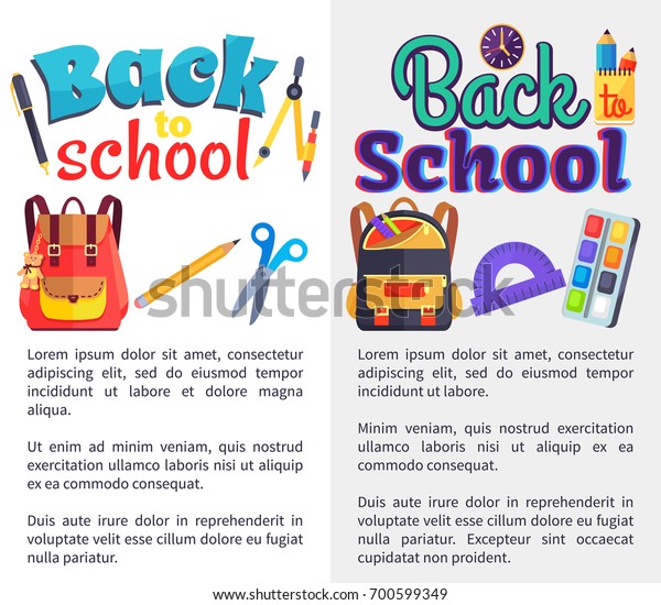 Back to school set of\
posters with stationery objects as rucksack bag, paints with brush,\
ABC book, scissors with rulers vector illustrations with text\
below