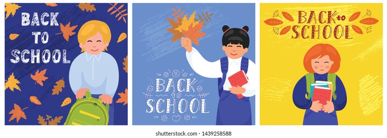 Back to school. Set from primary school students with hand drawn lettering. Vector illustration.