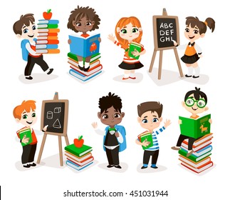 Back to school set. Pupils read the textbook, children do homework etc. Vector illustrations Isolated on white background. 