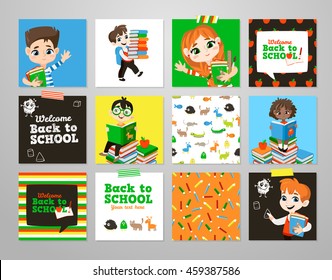 Back to school set . Pupils read the textbook, do homework in classroom. Printable vector cards, notes and stickers for your design.