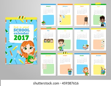 Back to school set . Pupils read the textbook, do homework in classroom. Printable vector cards, notes and stickers for your design.
