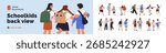 Back to school set. Rear view of kids students holding hands, walking together. Children groups, classmates, friends with backpacks from behind. Flat vector illustration isolated on white background