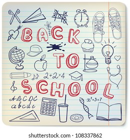 Back to school - set of school related doodle objects on the lines sheet