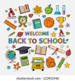 Back to school set .Scrapbook set.Sticker.With:ha t graduate,scroll, apple,books,flasks, basketball,alarm clock, briefcase, backpack, school bus,globe,ruler,microscope