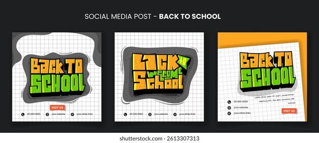 Back to school. Set of social media post template for back to school campaign with typography design on white paper